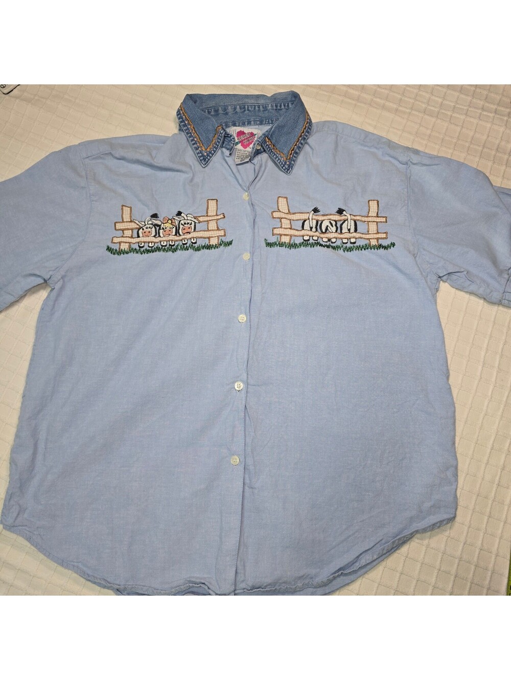 Vintage 90s Keren Hart Cow Fence Embroidered Chambray Denim Shirt Plus 2X Cotton